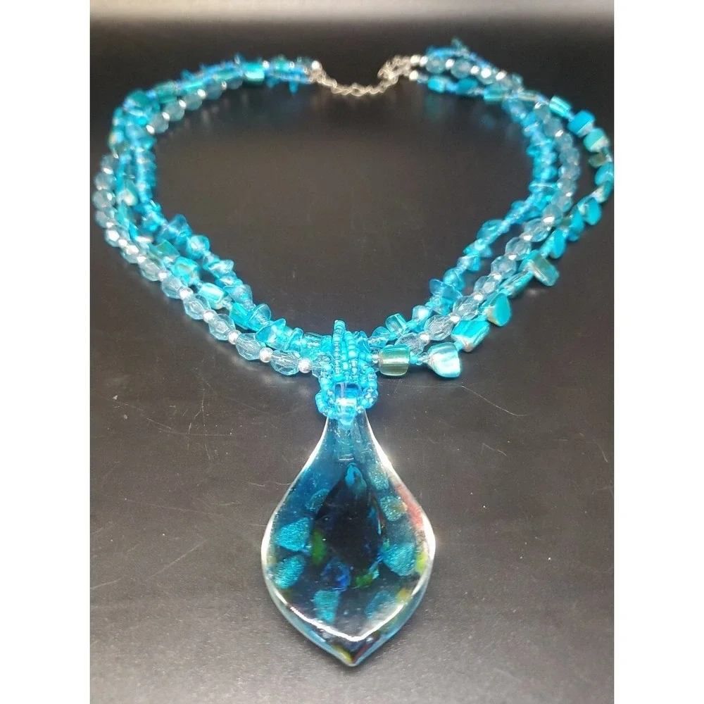 Dyed Abalone Shell And Glass Beaded Necklace With Large Blown Glass Pendant 20+